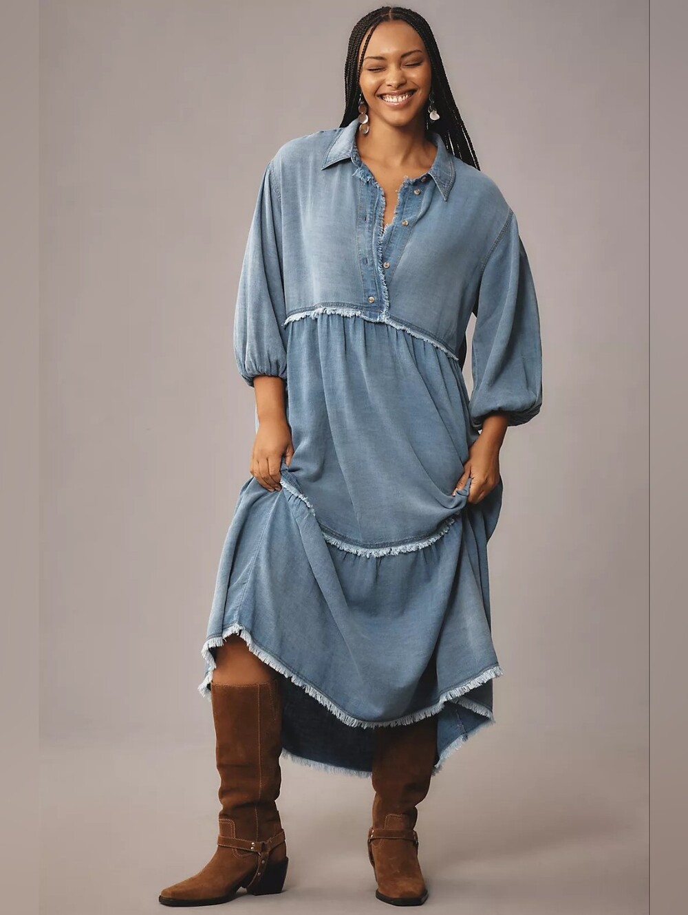 Anthropologie 100% Cotton Chambray Tiered Maxi Dress in Light Blue Size L - Picture 4 of 11